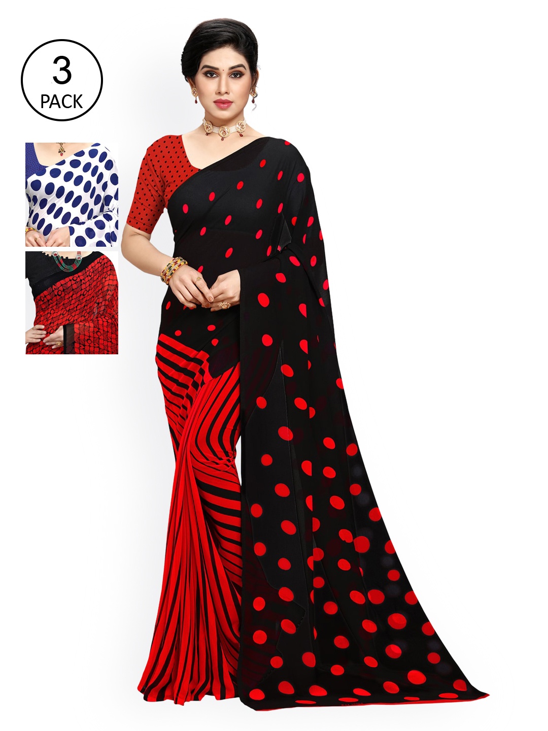 

KALINI Pack Of 3 White & Red Saree