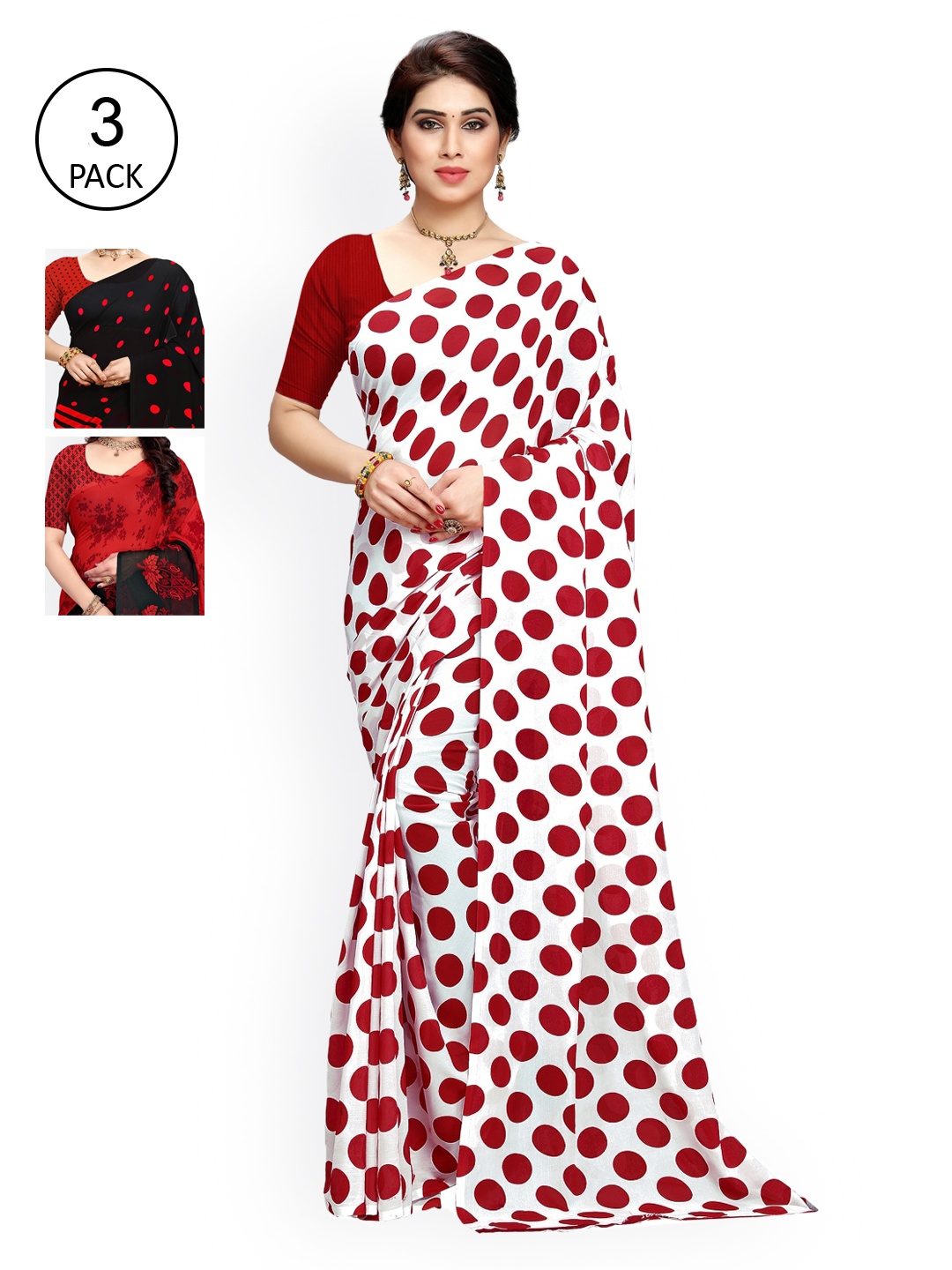 

KALINI Pack Of 3 Poly Georgette Printed Sarees, White
