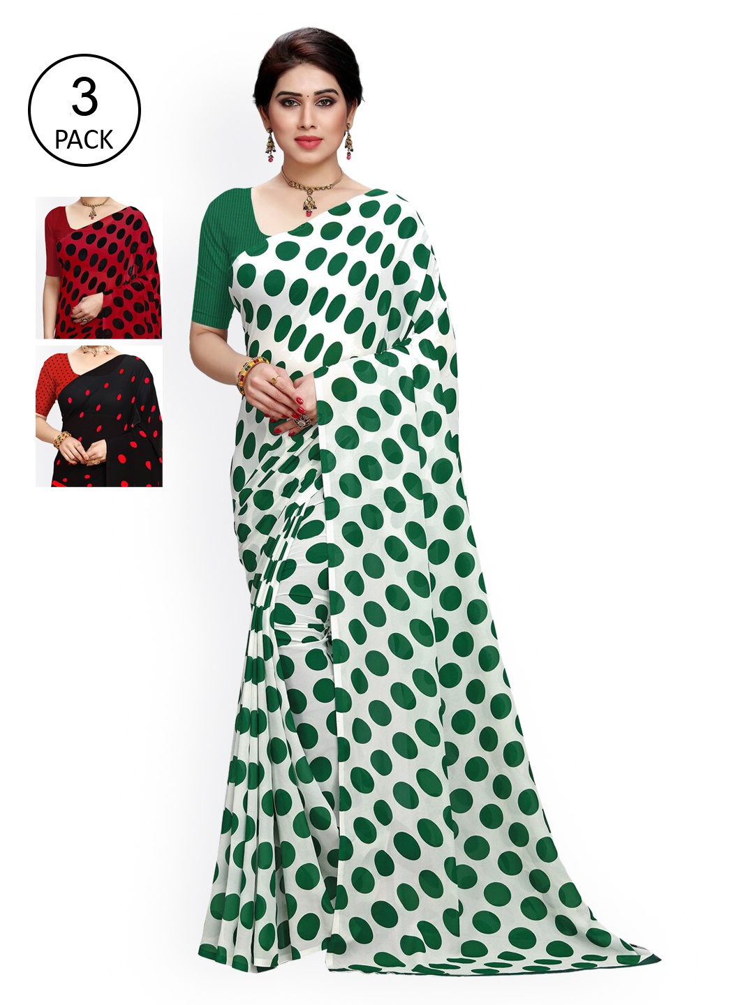 

KALINI White & Green Pack of 3 Printed Saree
