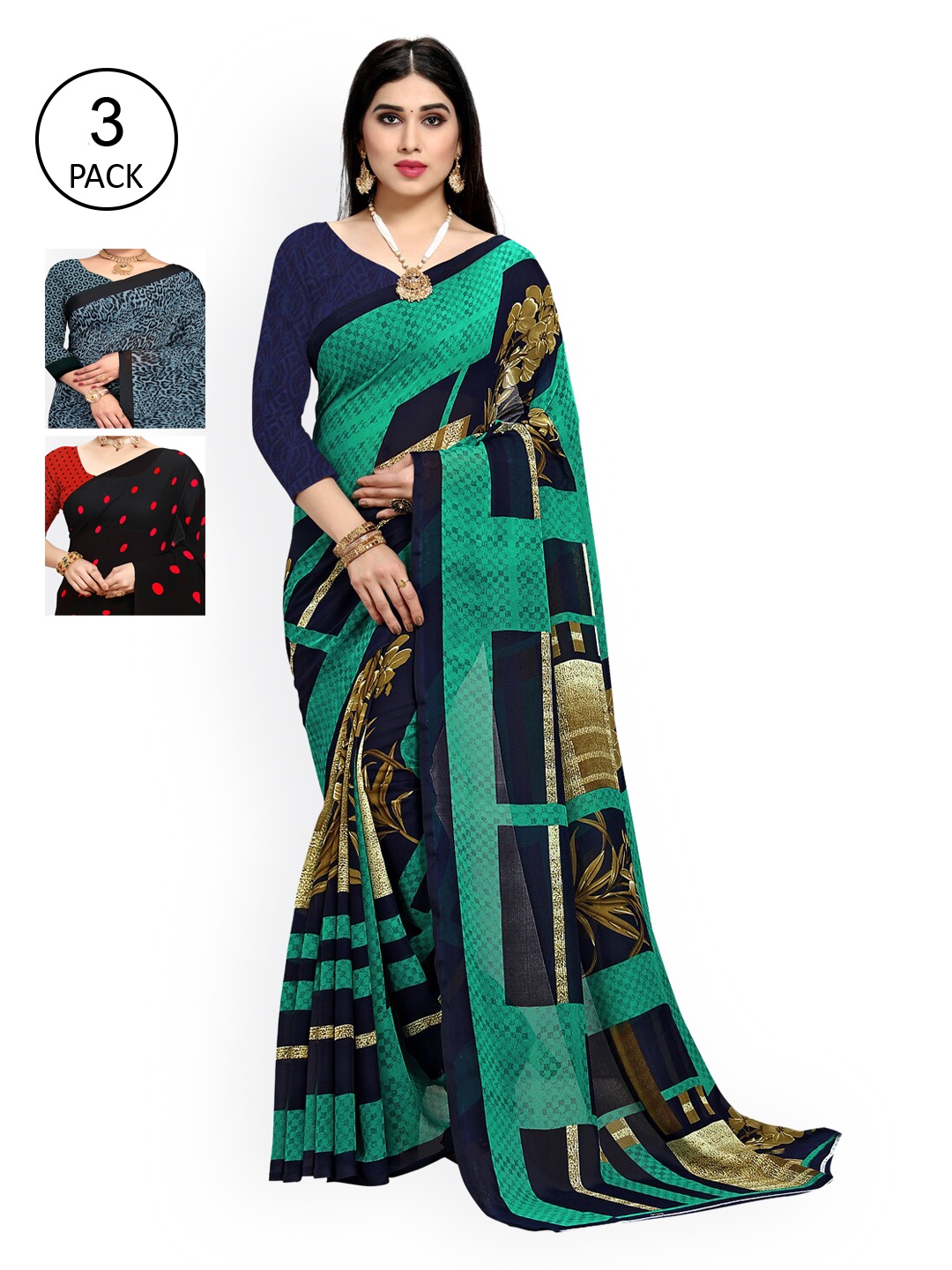 

KALINI Pack Of 3 Poly Georgette Sarees, Green