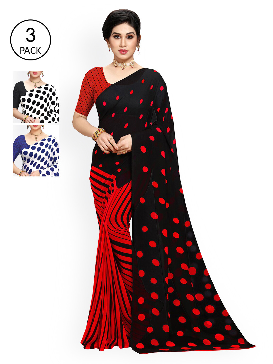 

KALINI Women Pack of 3 Printed Poly Georgette Sarees, White