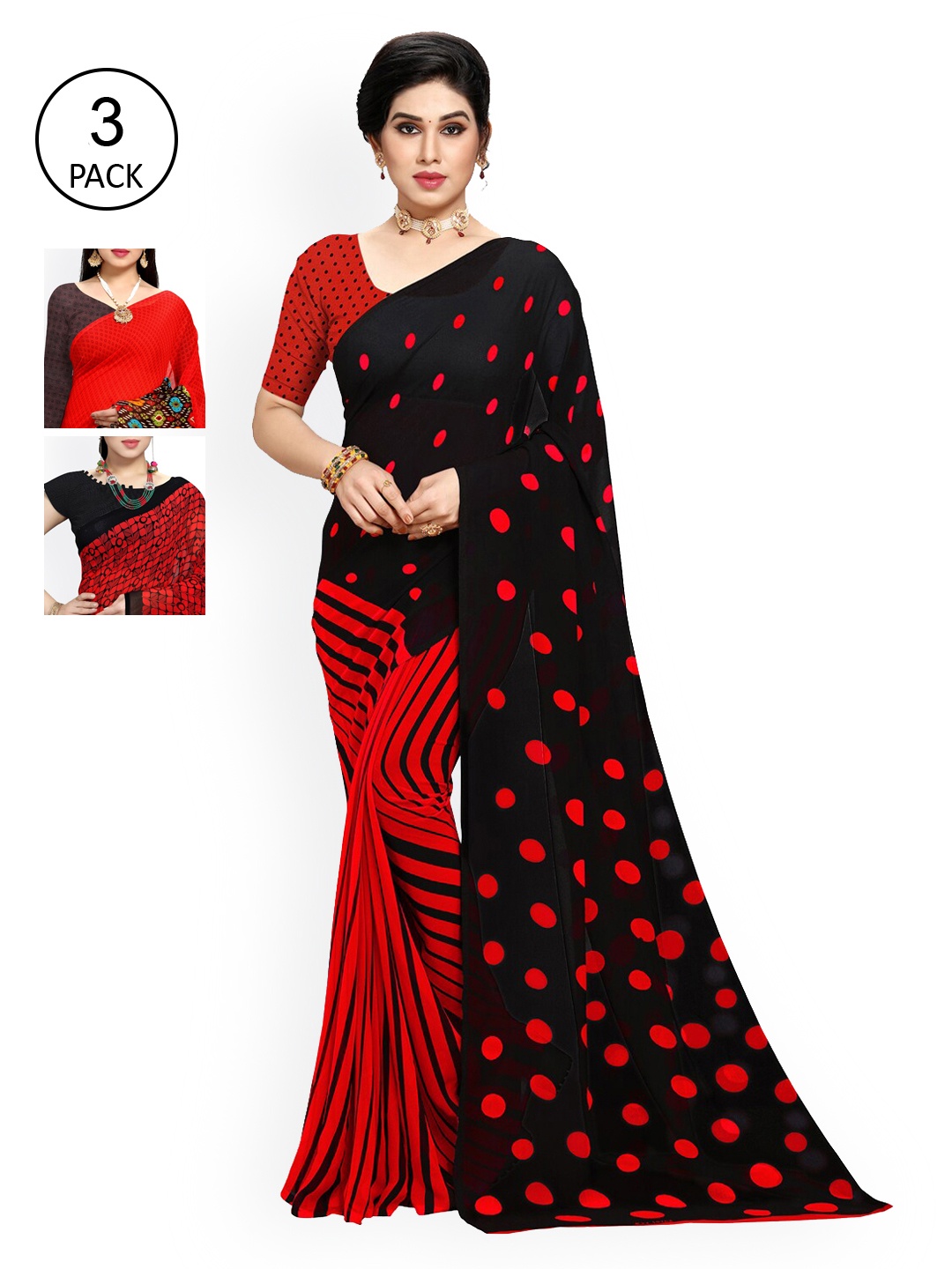 

KALINI Pack Of 3 Red & Black Saree