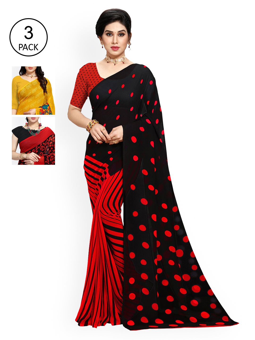 

KALINI Women Pack of 3 Printed Sarees, Red