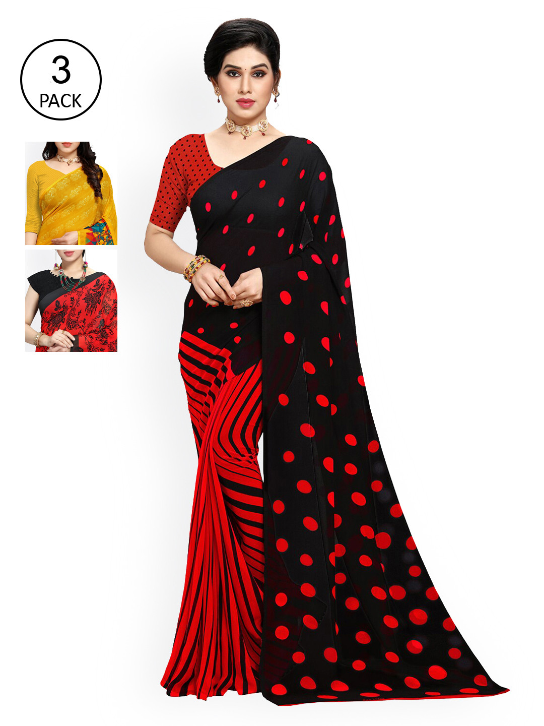 

KALINI Women Pack of 3 Printed Sarees, Red