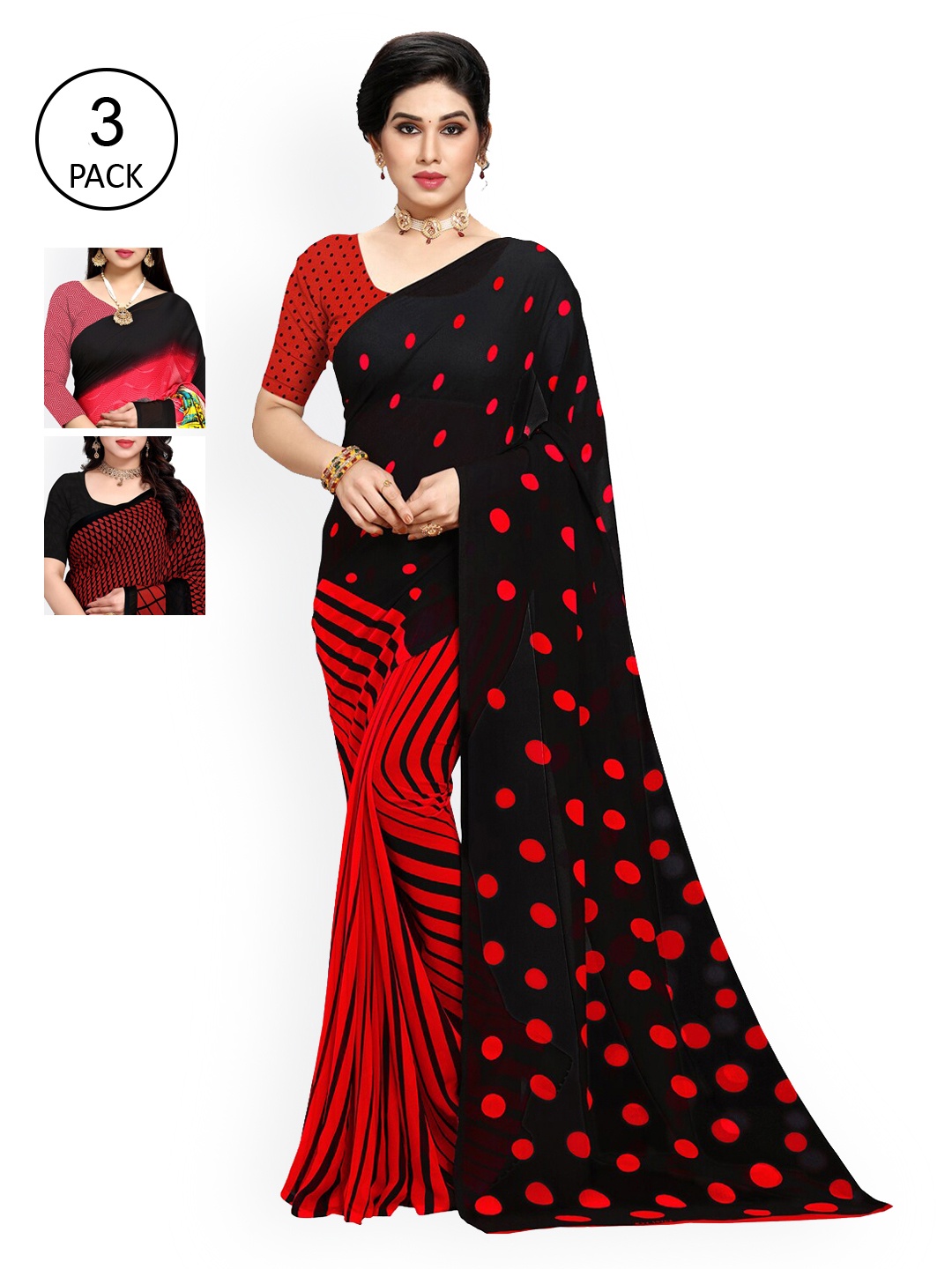 

ANAND SAREES Women Pack of 3 Printed Sarees, Red