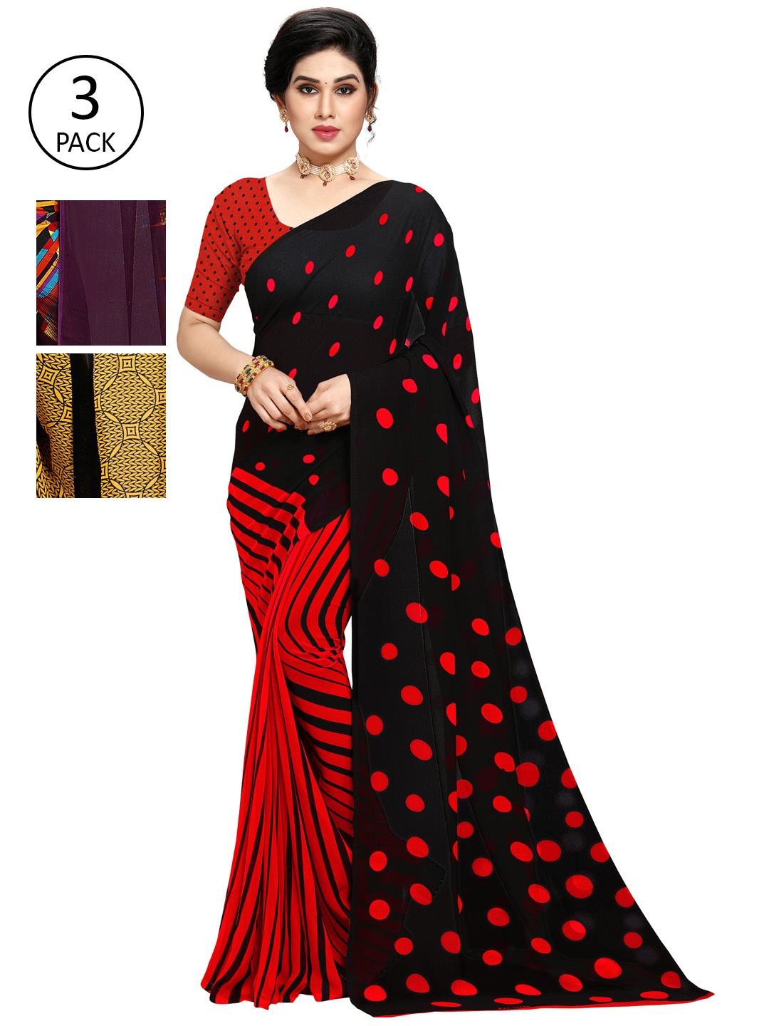 

KALINI Women Pack of 3 Printed Sarees, Red