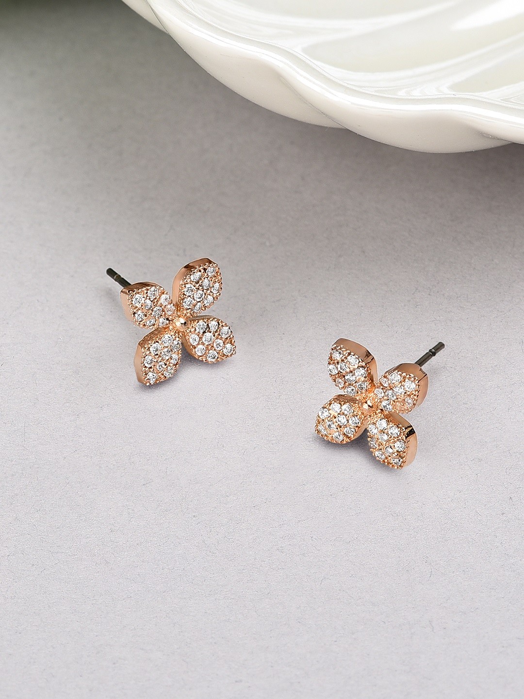 

AMI Rose Gold Cubic Zirconia Floral Studs Earrings