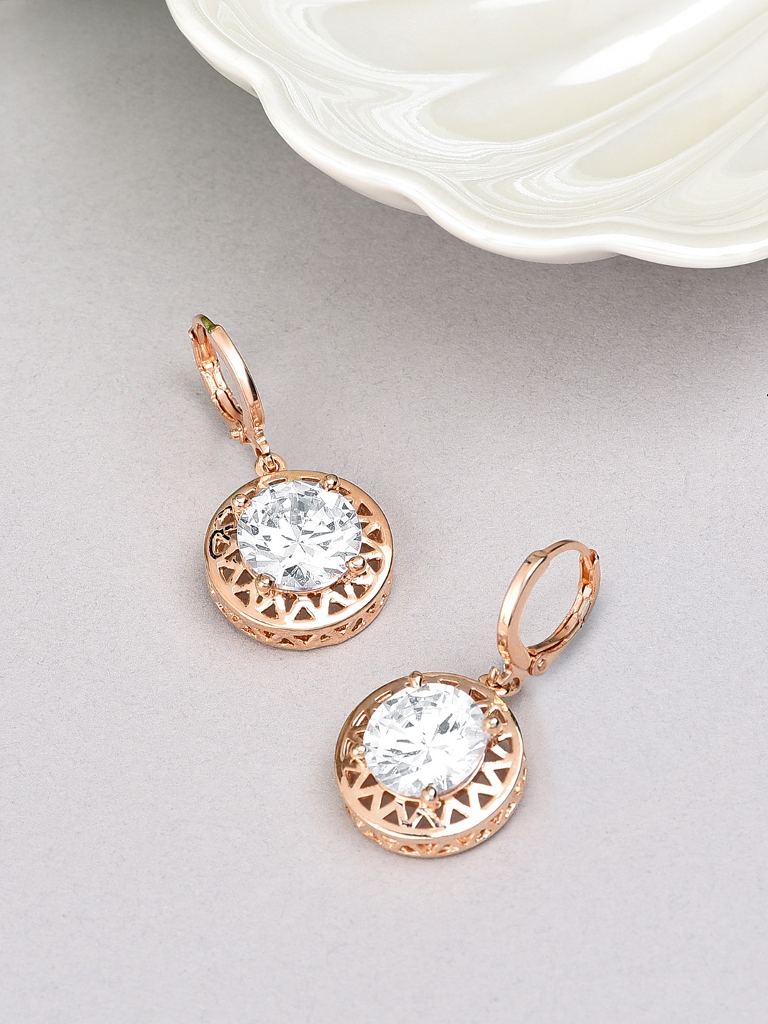 

AMI Rose Gold-Plated Contemporary Cubic Zirconia Stone-Studded Drop Earrings