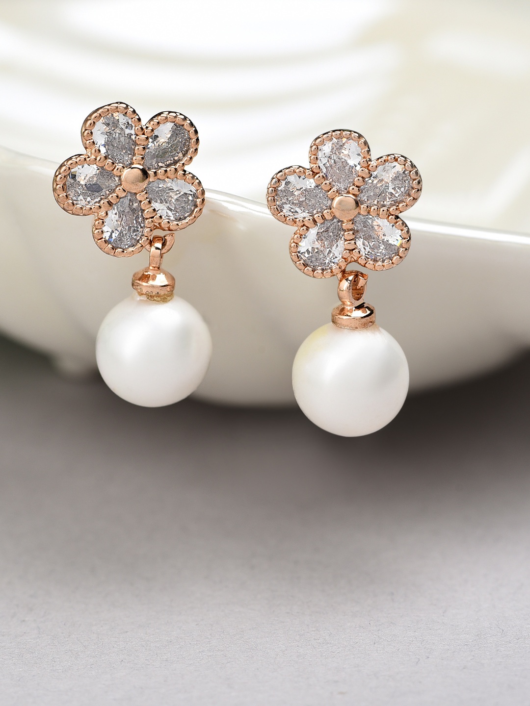 

AMI Rose Gold Plated & White Flower Shaped Cubic Zirconia Drop Earrings