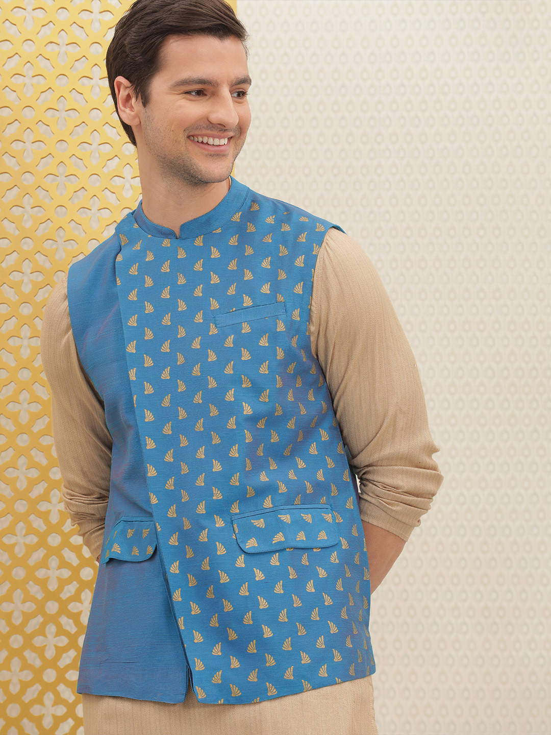 

House of Pataudi Men Blue & Gold-Toned Printed Jashn Nehru Jacket