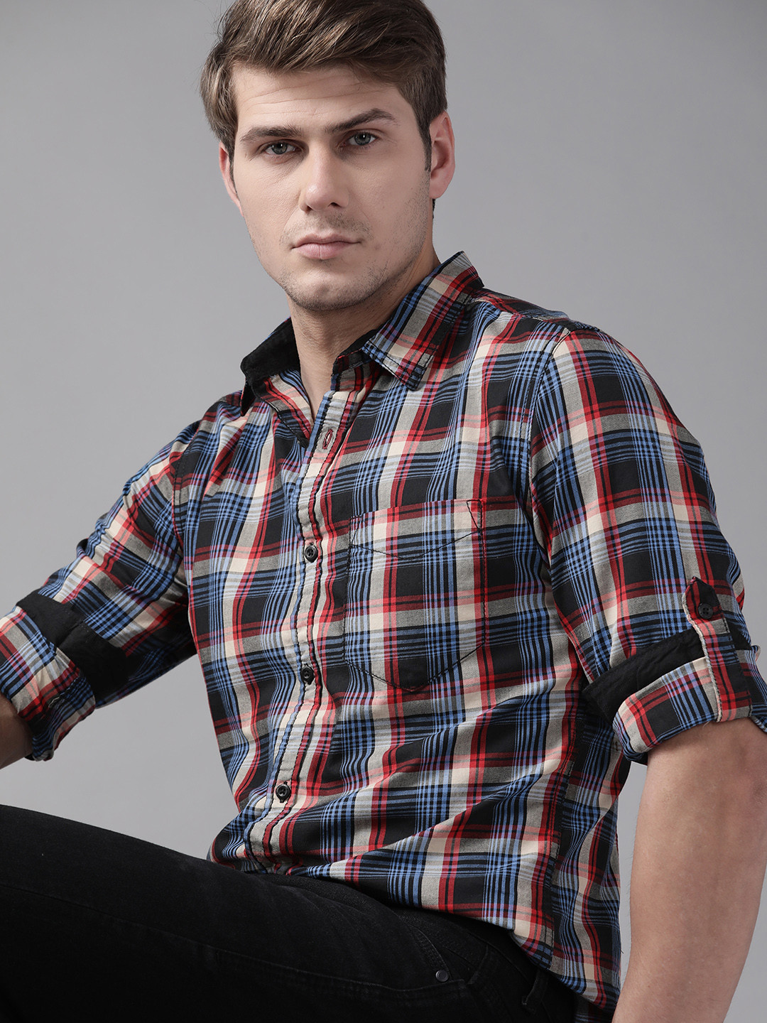 

Roadster Men Blue & Red Pure Cotton Tartan Checks Checked Casual Shirt