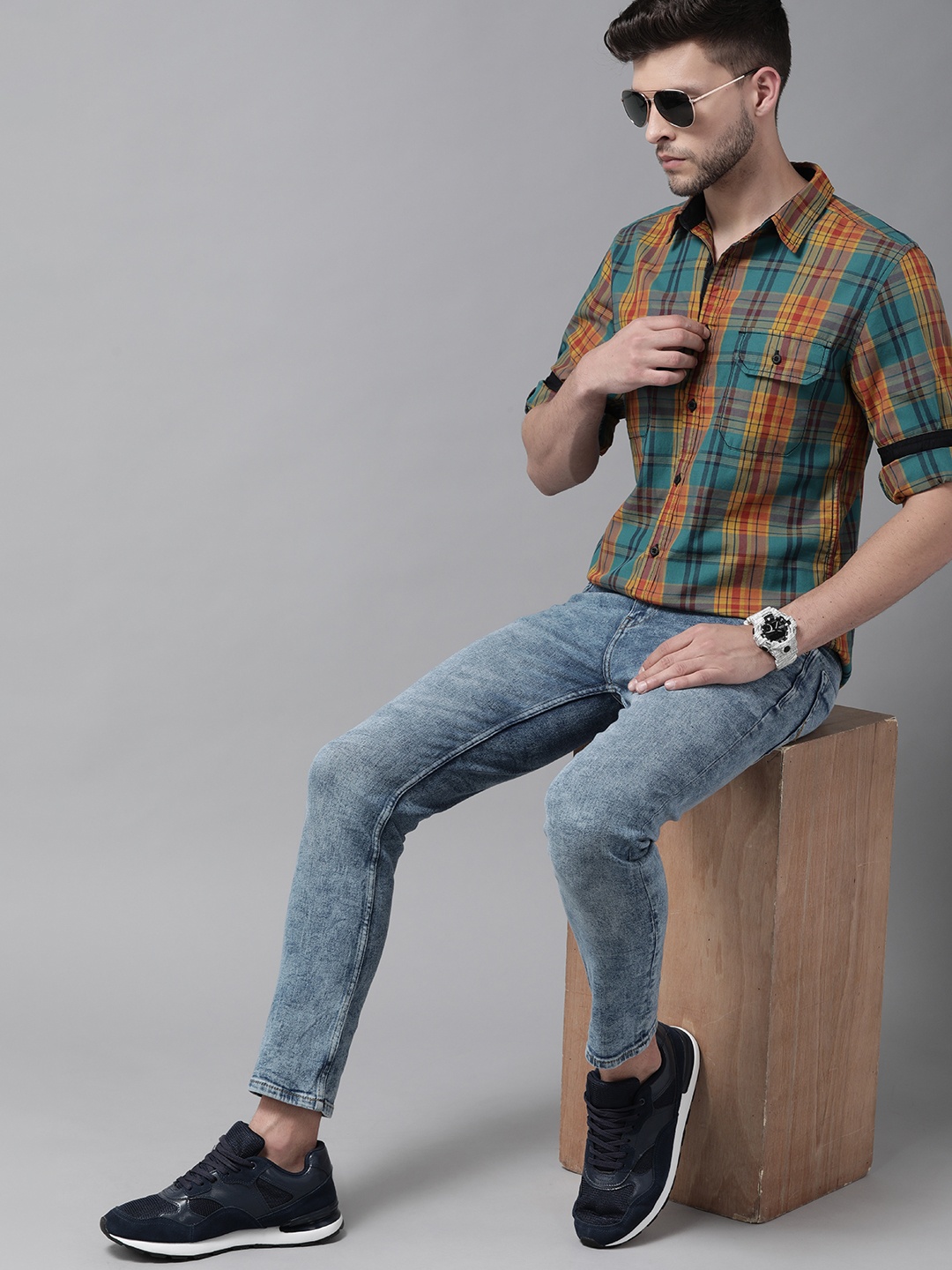 

Roadster Men Blue & Orange Checked Pure Cotton Sustainable Casual Shirt