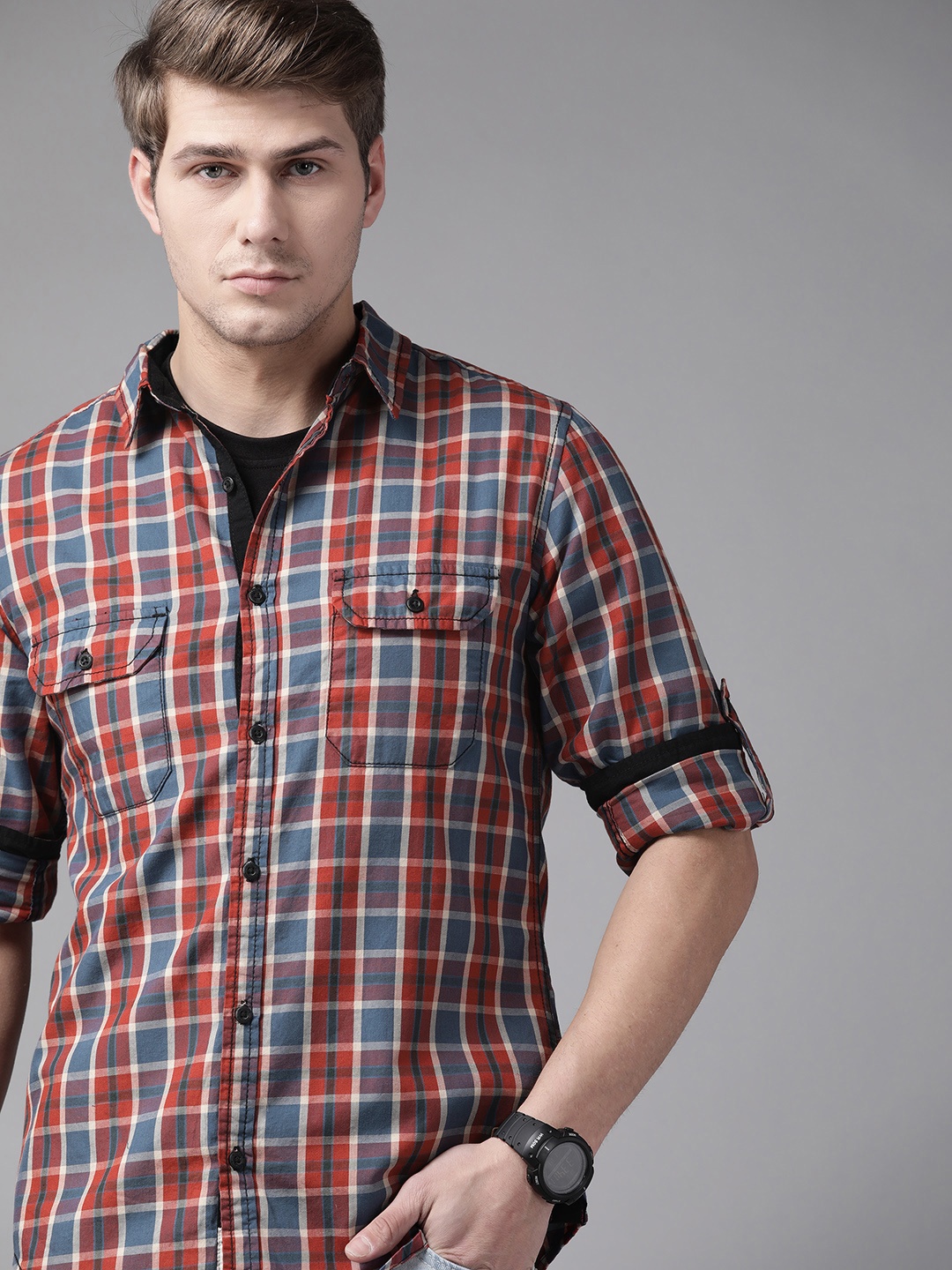 

Roadster Men Red & Navy Blue Pure Cotton Tartan Checked Casual Shirt