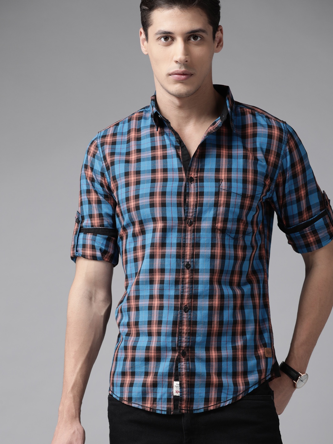 

Roadster Men Blue & Orange Pure Cotton Tartan Checks Opaque Checked Casual Shirt