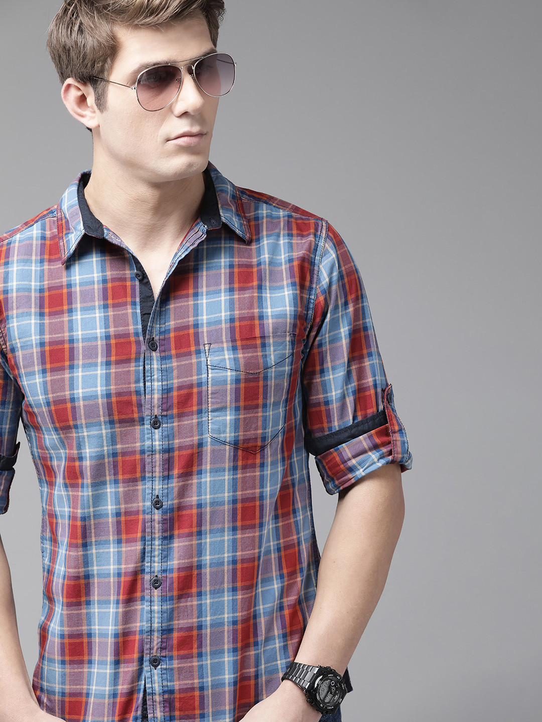 

Roadster Men Blue Tartan Checks Pure Cotton Sustainable Casual Shirt
