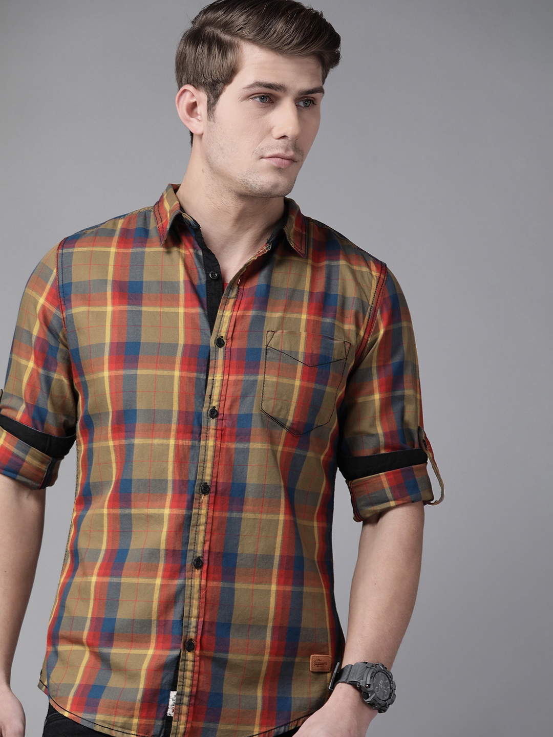 

Roadster Men Olive Green & Navy Blue Pure Cotton Tartan Checked Casual Shirt