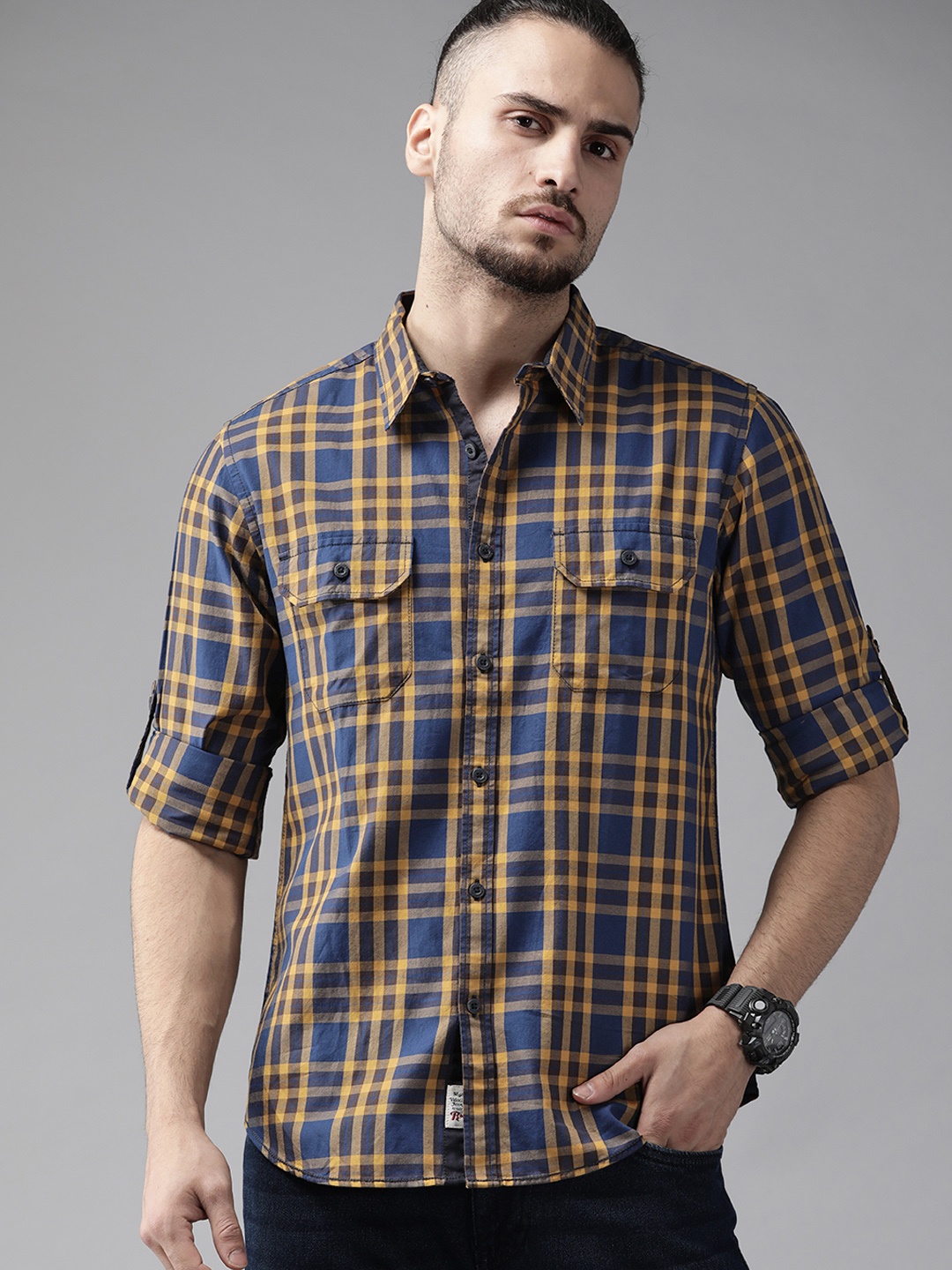 

Roadster Men Navy Blue & Mustard Yellow Cotton Tartan Checks Casual Shirt
