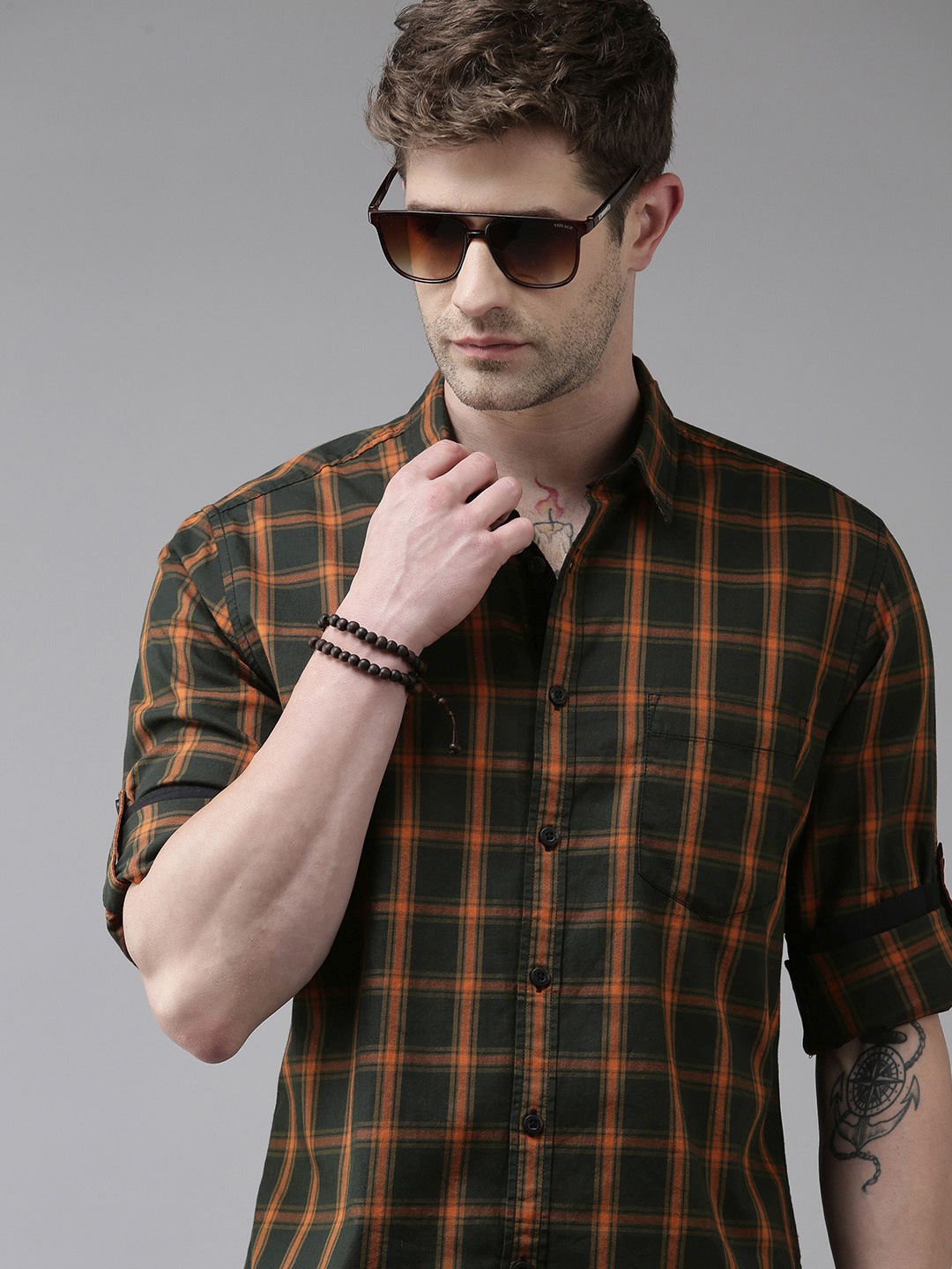 

Roadster Men Teal And Orange Grid Tattersall Checked Pure Cotton Sustainable Casual Shirt