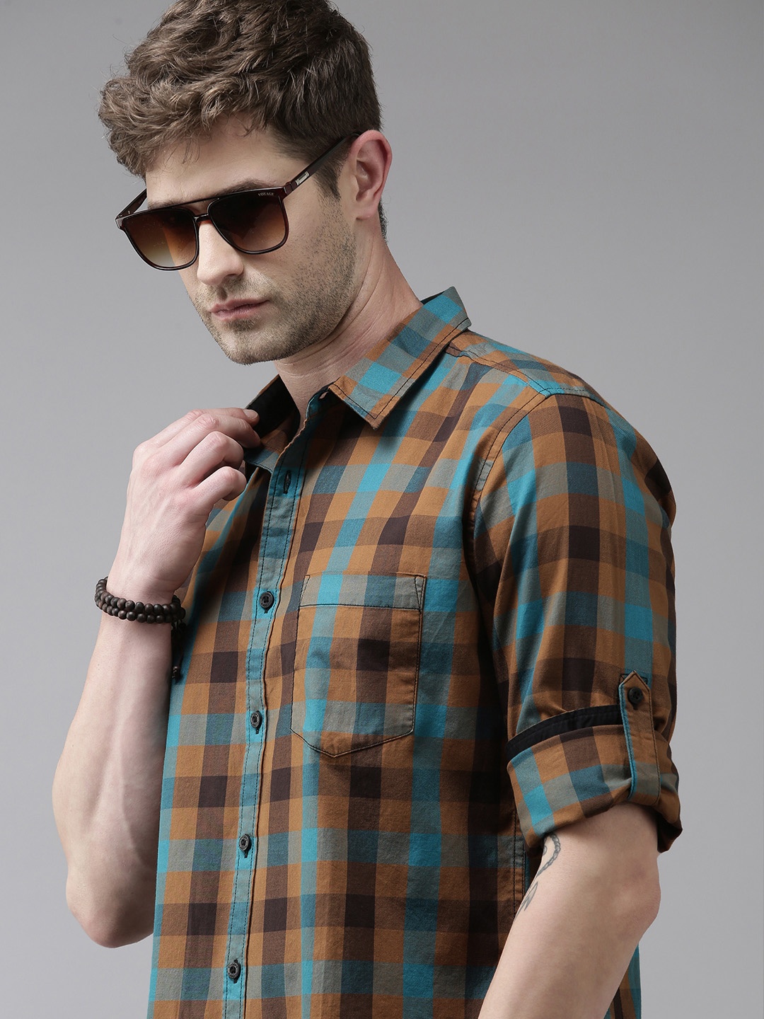 

Roadster Men Blue And Brown Buffalo Checked Pure Cotton Casual Shirt