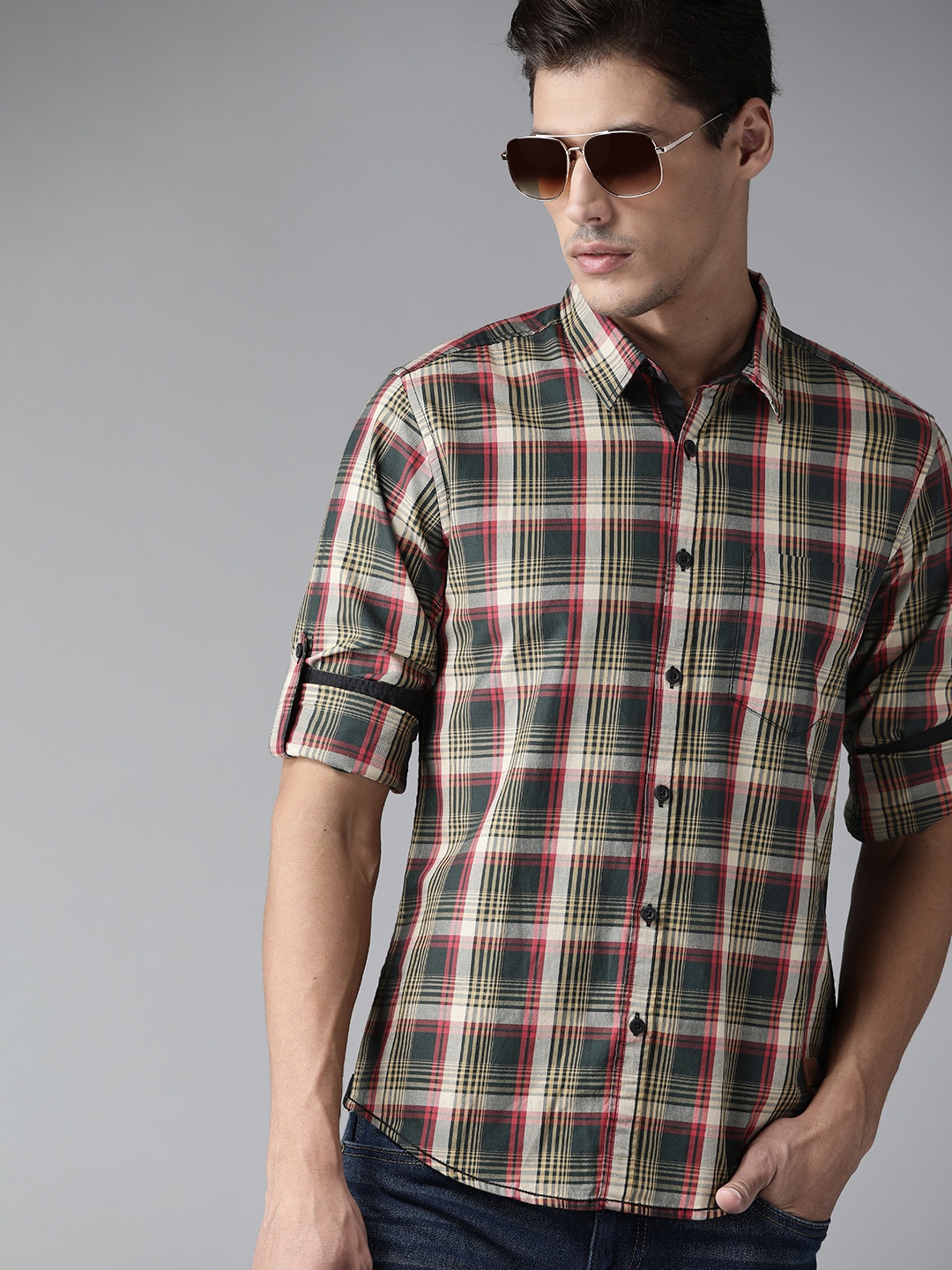 

Roadster Men Cream-Colour & Green Tartan Checks Opaque Checked Cotton Casual Shirt