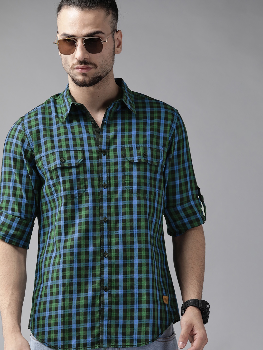 

Roadster Men Navy Blue & Green Pure Cotton Tartan Checked Casual Shirt