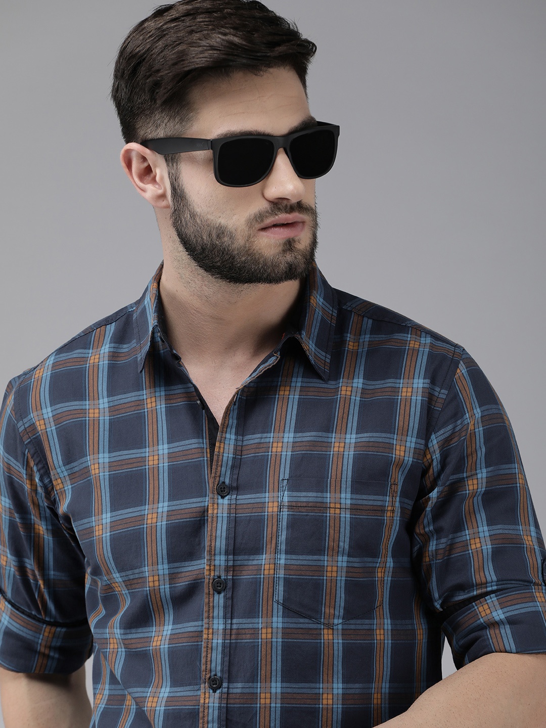 

Roadster Men Navy Blue & Khaki Checked Sustainable Casual Cotton Shirt