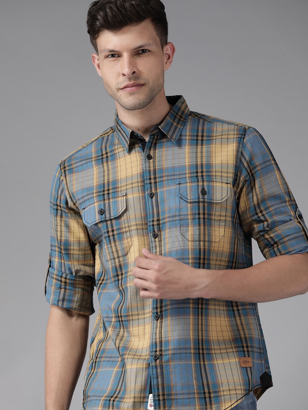 

Roadster Men Blue & Mustard Brown Checked Pure Cotton Casual Shirt