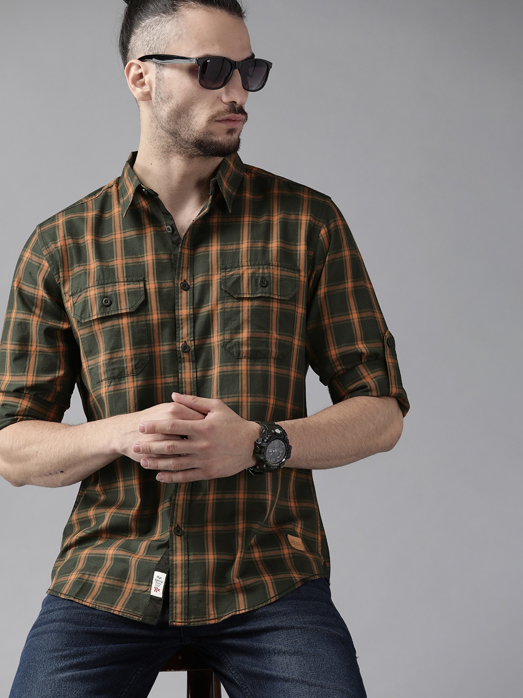 

Roadster Men Olive Green & Orange Cotton Checked Casual Shirt