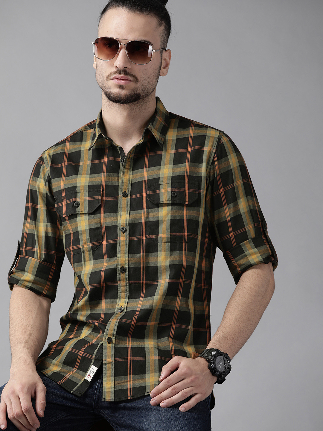 

Roadster Men Black & Yellow Cotton Tartan Checks Casual Shirt