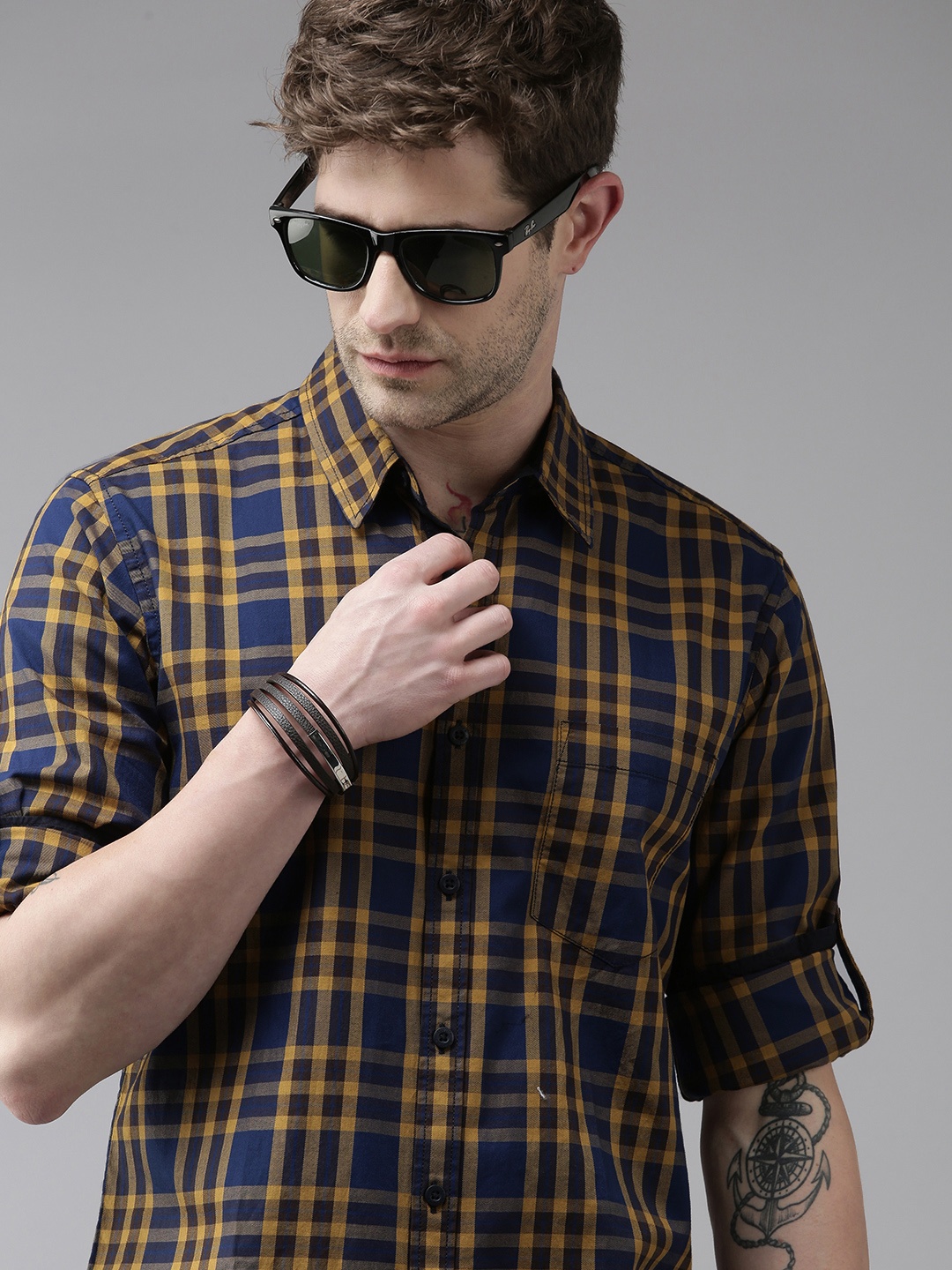 

Roadster Men Mustard-Blue Tartan Checks Checked Casual Shirt