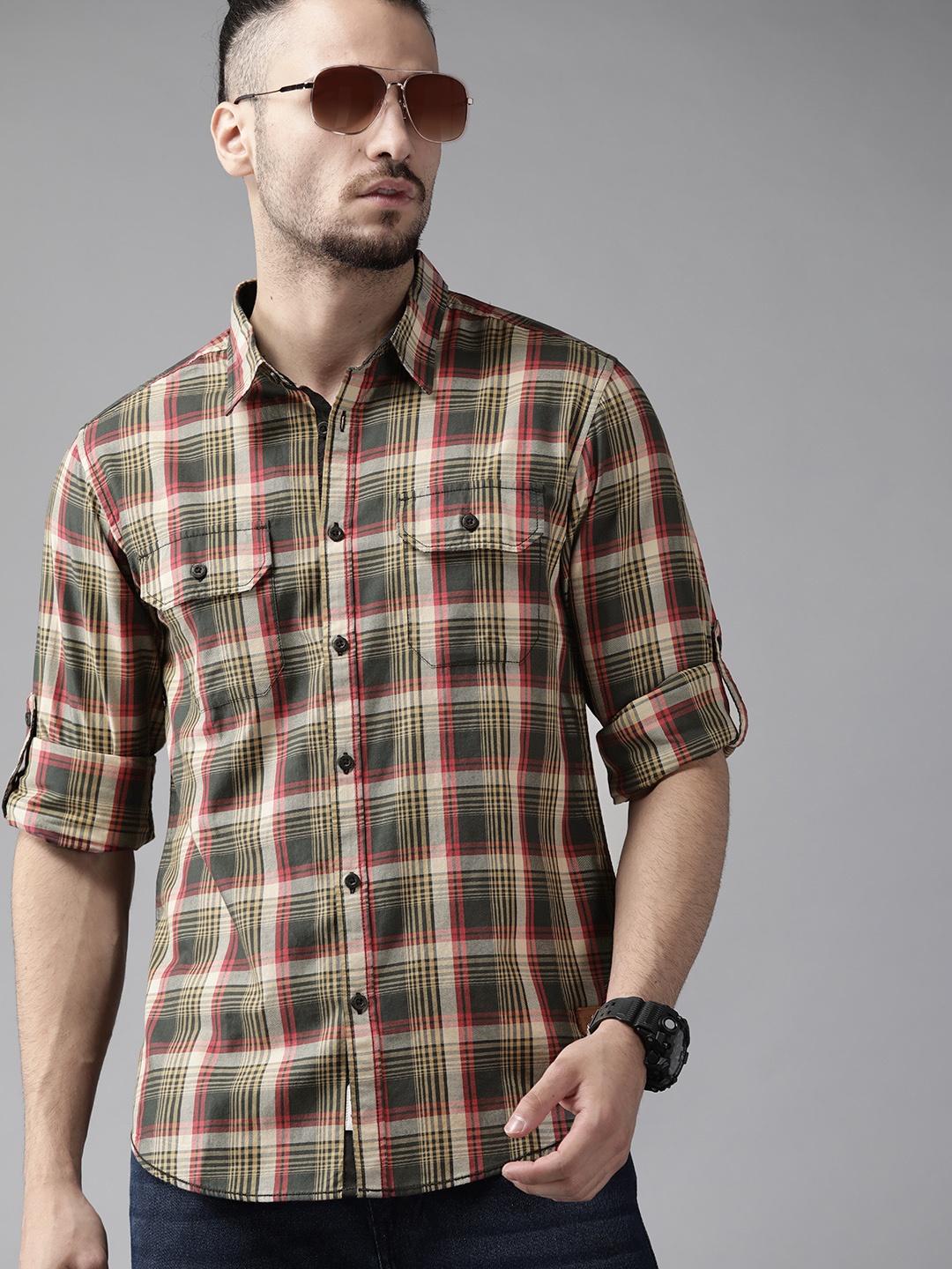 

Roadster Men Cream-Coloured & Green Cotton Tartan Checks Casual Shirt