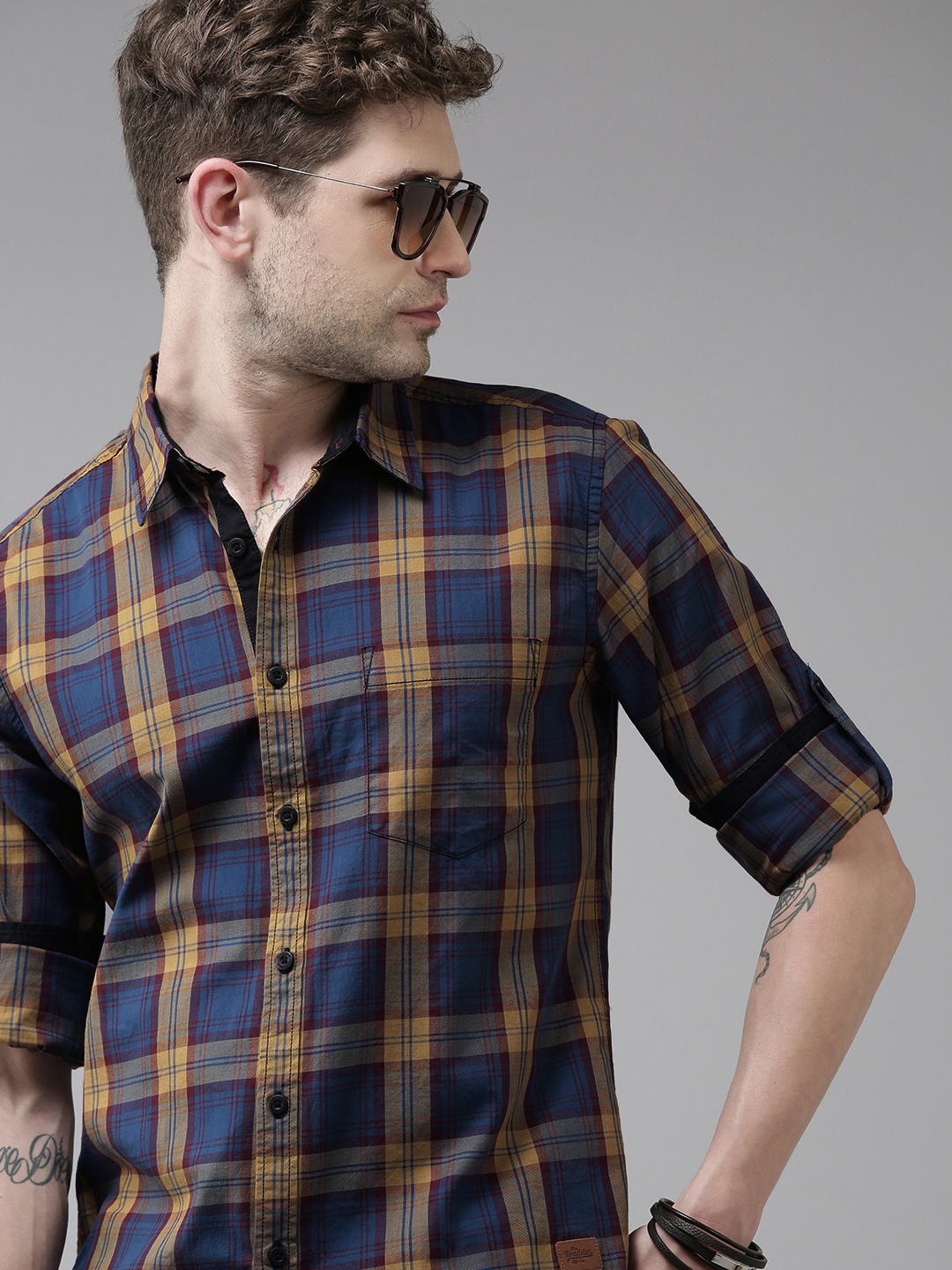 

Roadster Men Blue And Mustard Grid Tattersall Checked Pure Cotton Sustainable Casual Shirt