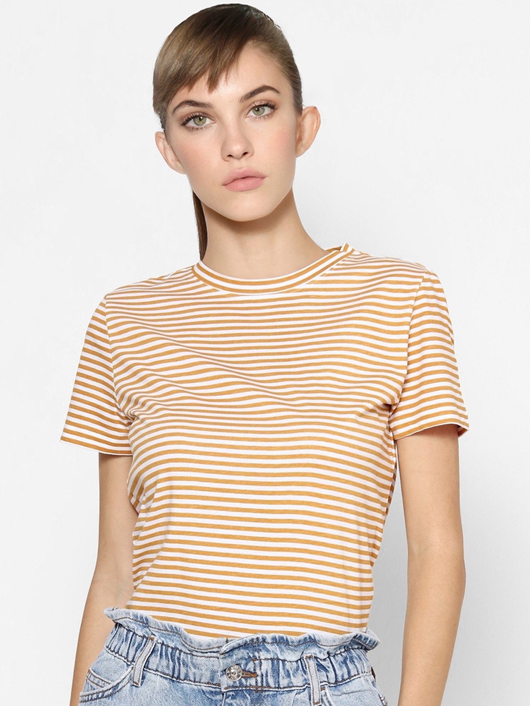 

ONLY Women Mustard Yellow & White Striped T-shirt