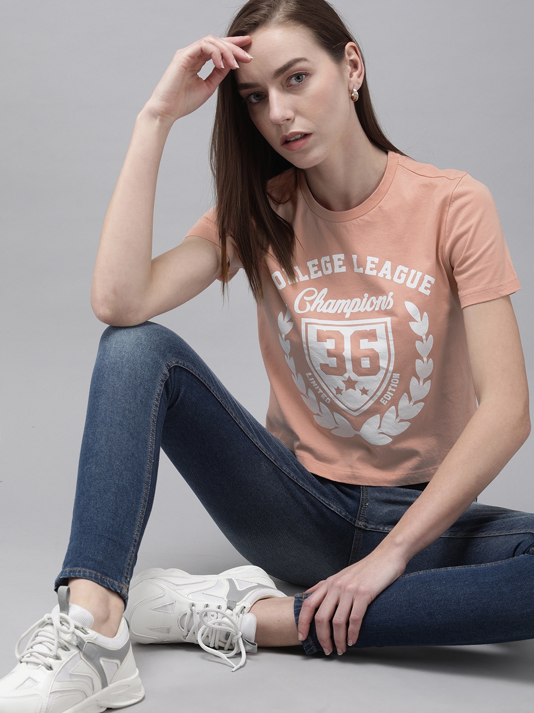 

ONLY Women Pink White Typography Printed Cotton Pure Cotton T-shirt