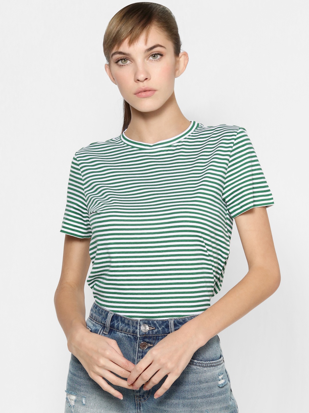 

ONLY Women Green & White Striped T-shirt