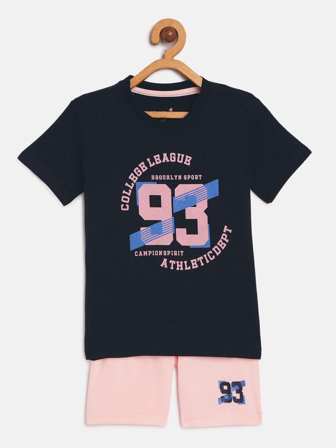 

Toonyport Kids Navy Blue and Peach-Coloured Printed Pure Cotton T-shirt with Shorts