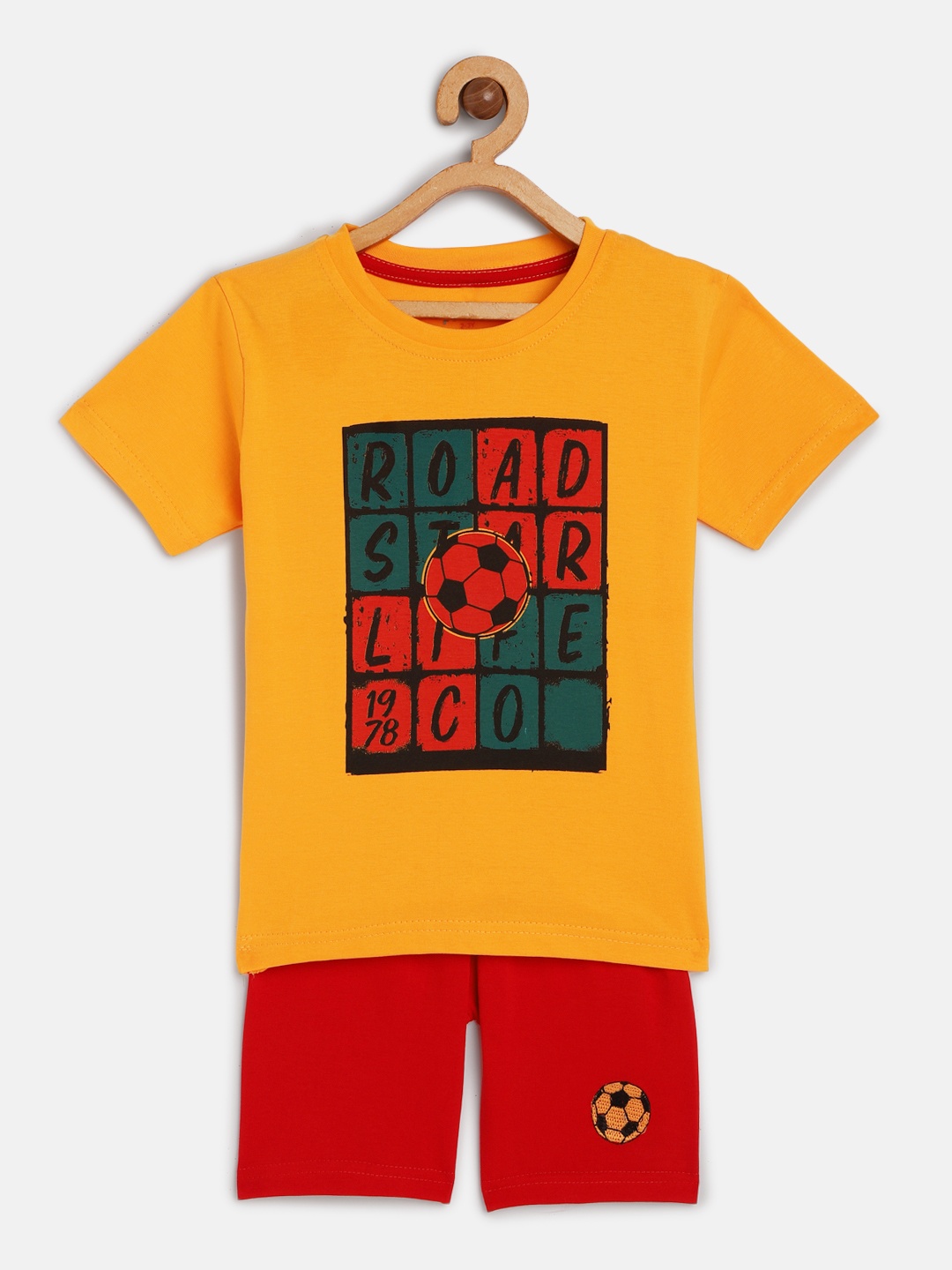 

Toonyport Kids Mustard Yellow and Red Printed Pure Cotton T-shirt with Shorts