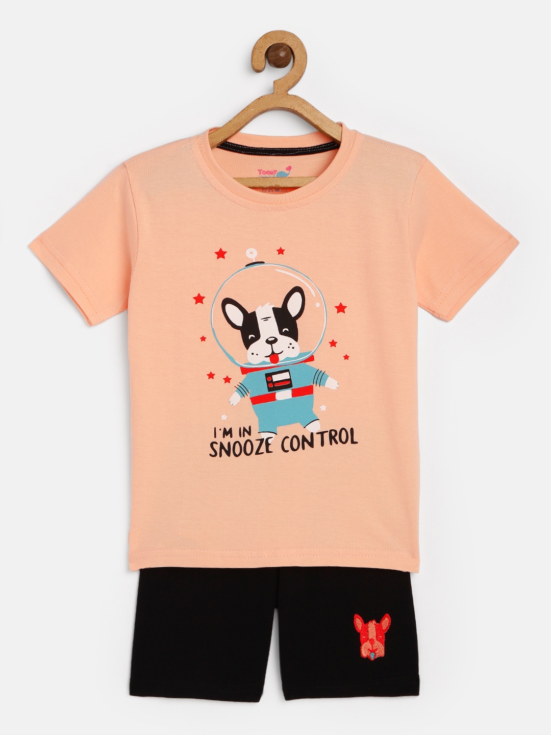 

Toonyport Kids Peach-Coloured & Black Printed Pure Cotton T-shirt with Shorts