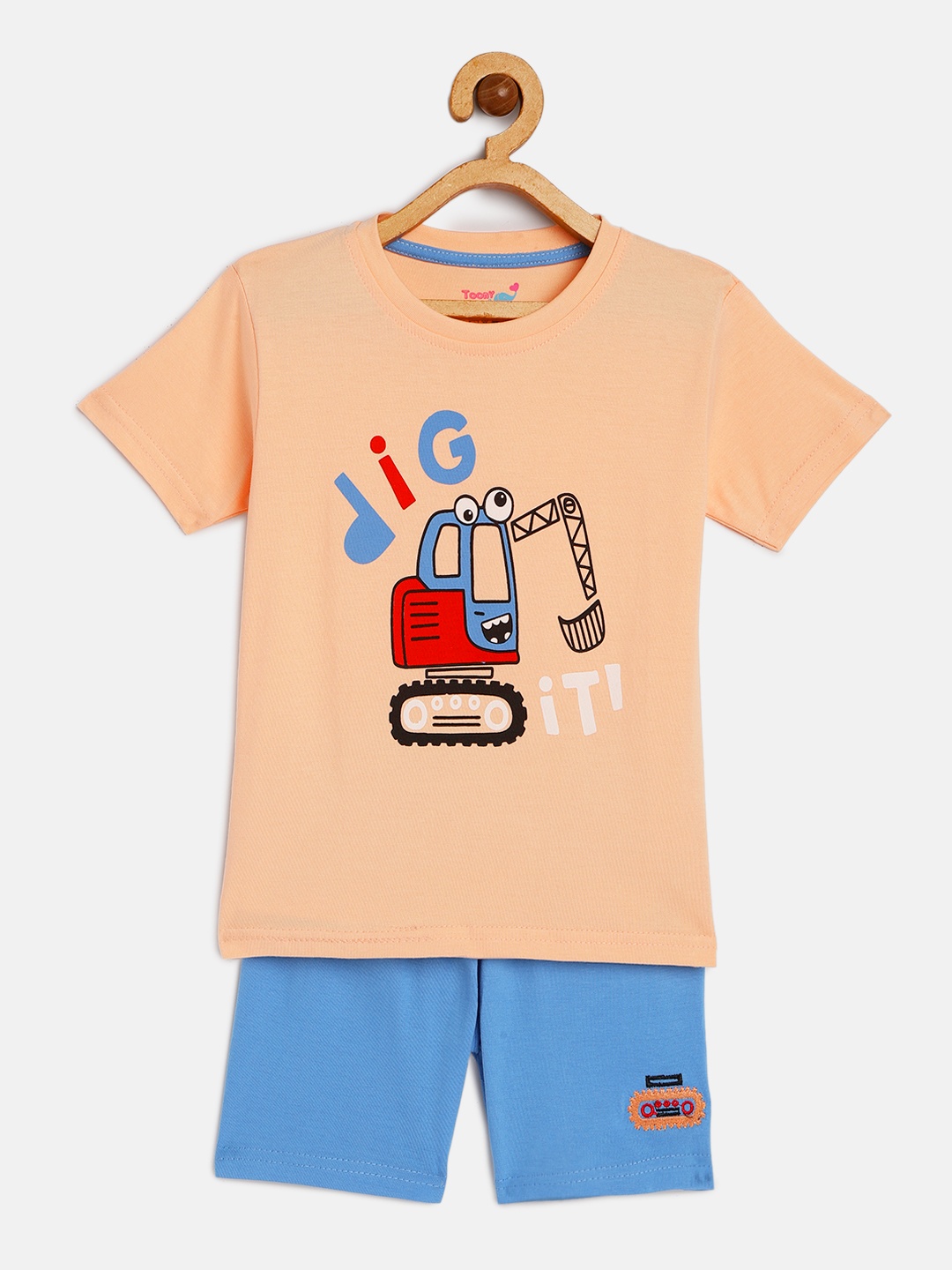 

Toonyport Kids Peach-Coloured and Blue Printed Pure Cotton T-shirt with Shorts