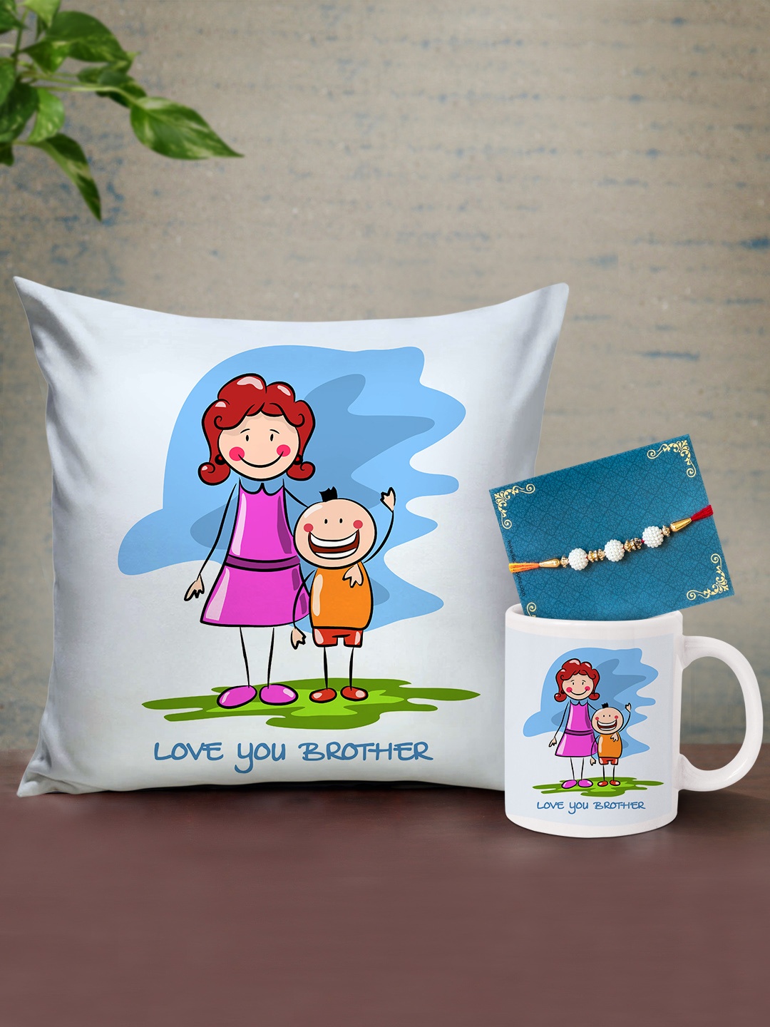 

TIED RIBBONS Set Of 3 Rakshabandhan Special Designer Rakhi & Cushion with Filler and Mug, Multi