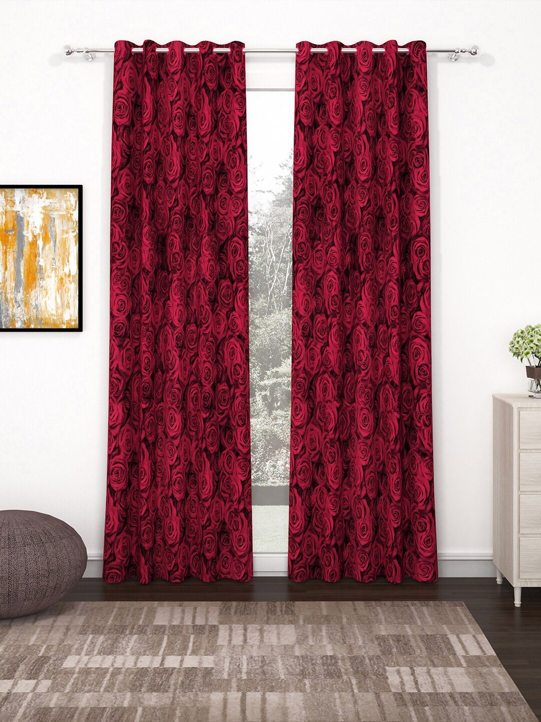 

Bedspun Pink & Black Set of 2 Printed Polyester Eyelet Ringtop Door Curtains