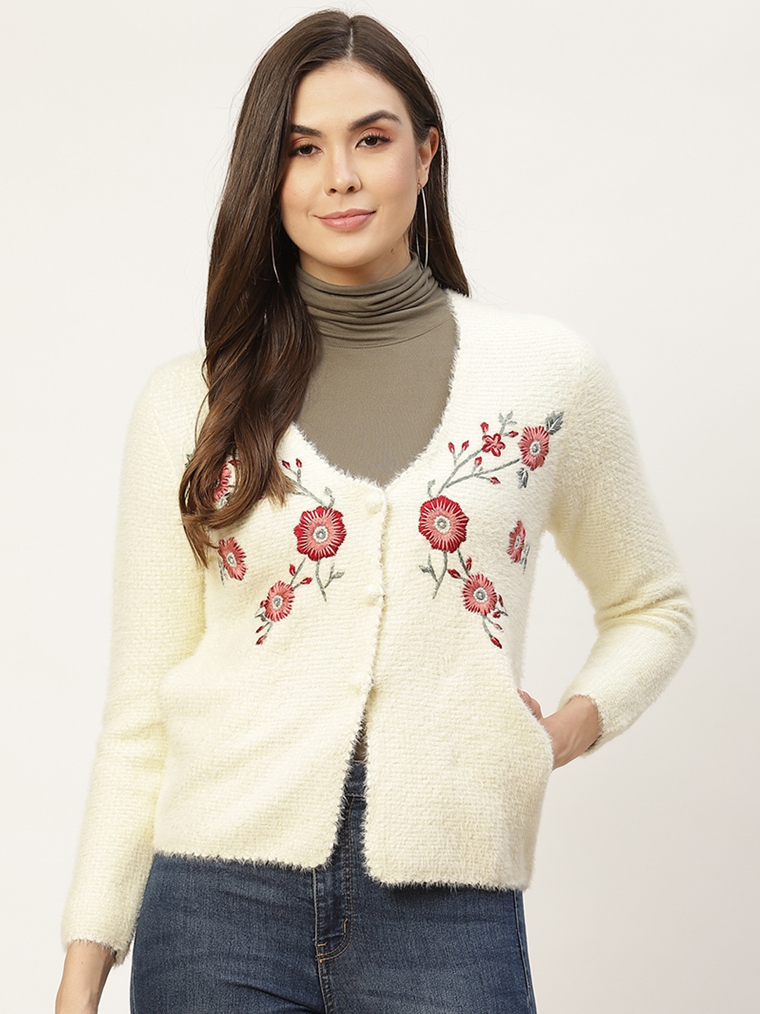 

APSLEY Women Off White Floral Cardigan with Embroidered Detail