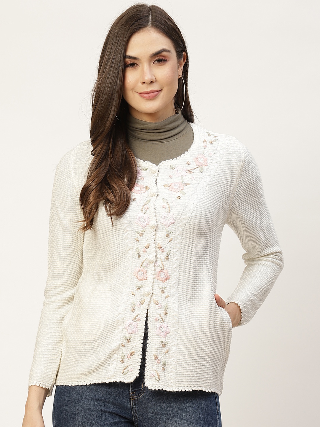 

APSLEY Women White Floral Cardigan with Embroidered Detail