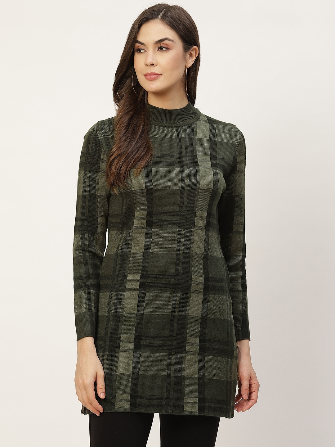 

APSLEY Women Olive Green & Black Checked Longline Pullover