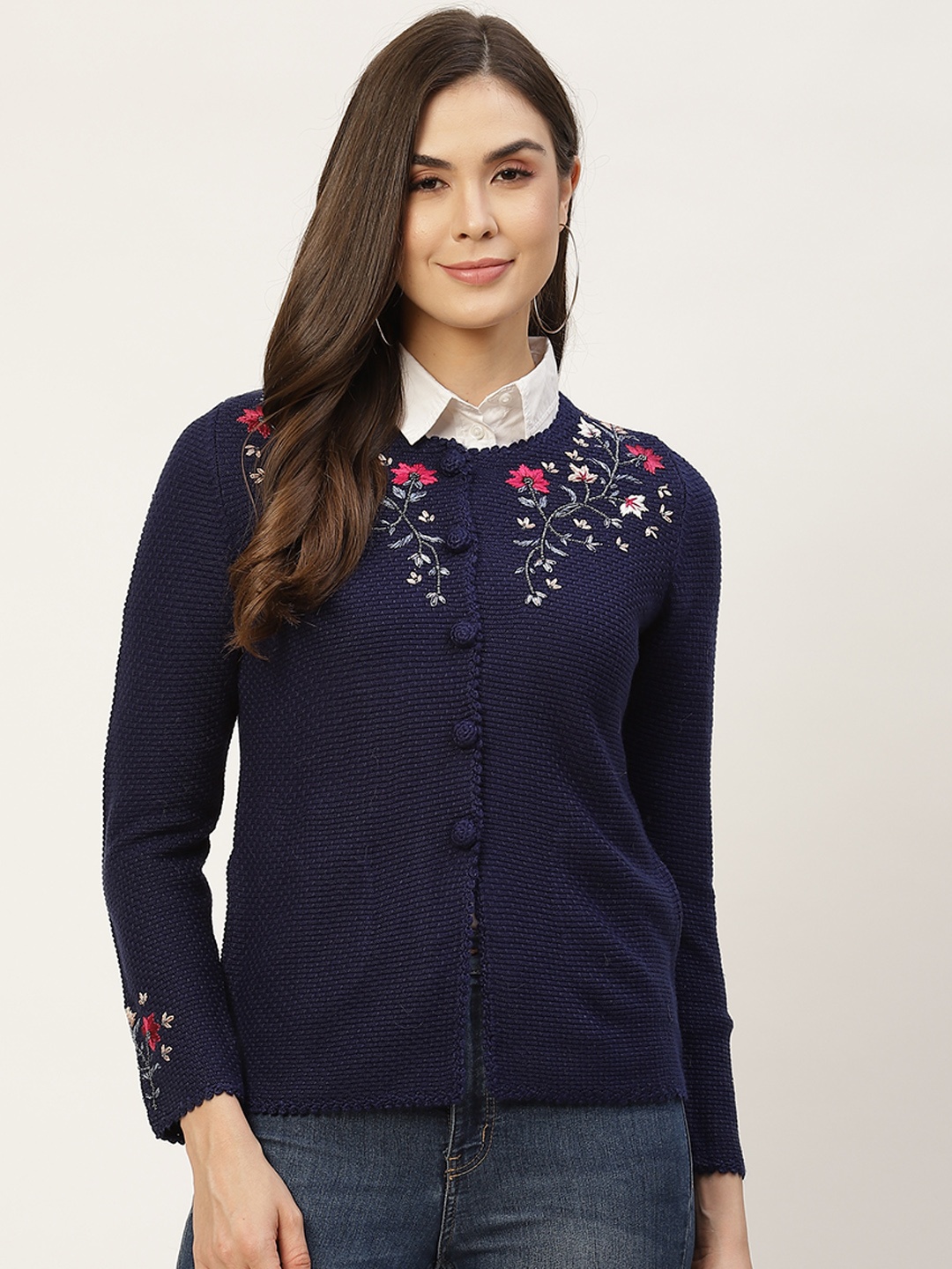 

APSLEY Women Navy Blue Boucle Cardigan with Embroidered Detail