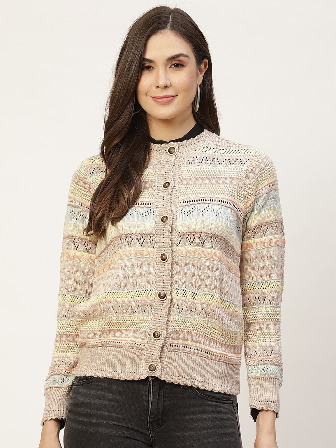 

APSLEY Women Beige & Off White Fair Isle Cardigan
