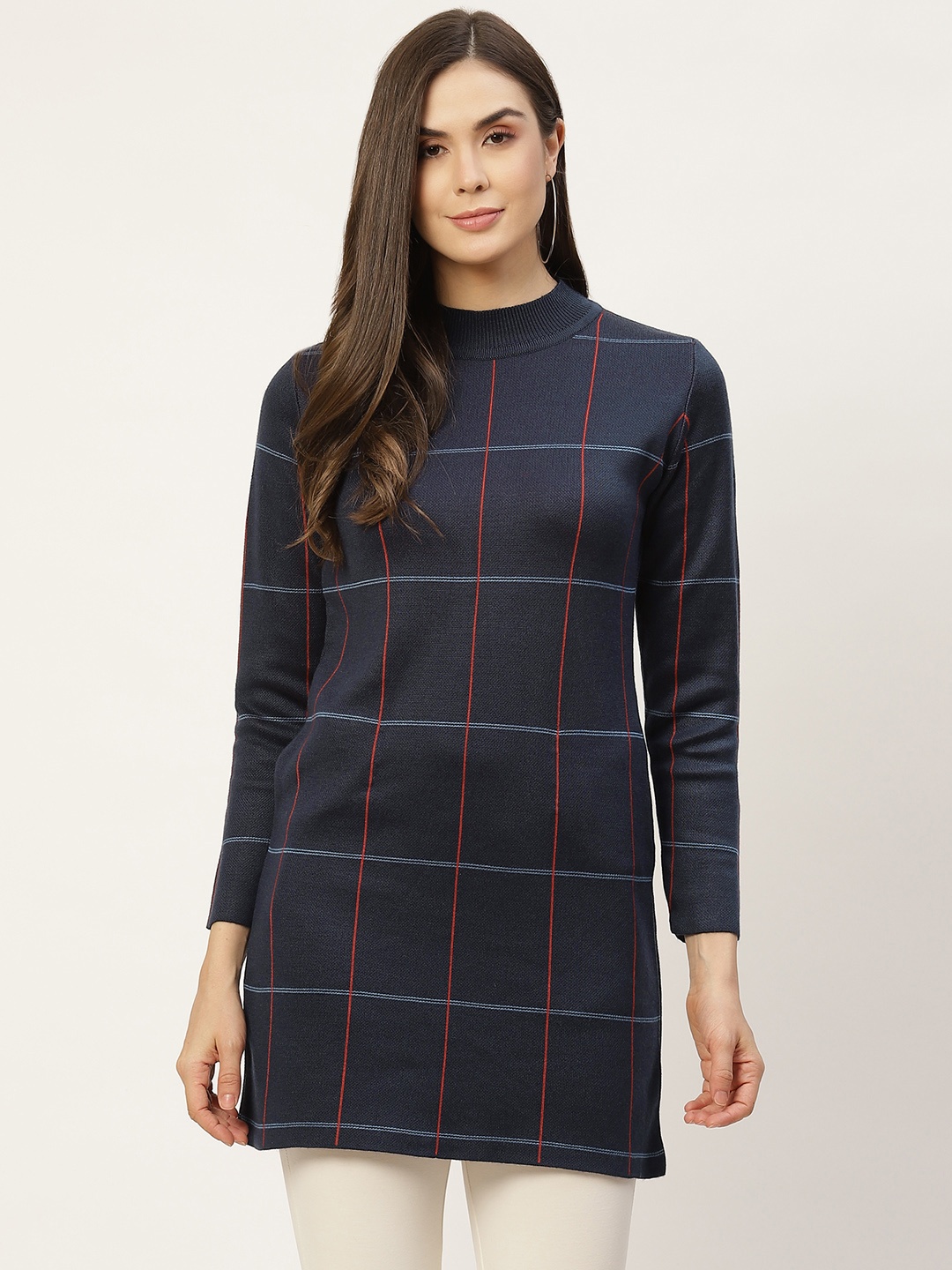 

APSLEY Women Navy Blue & Red Checked Longline Pullover