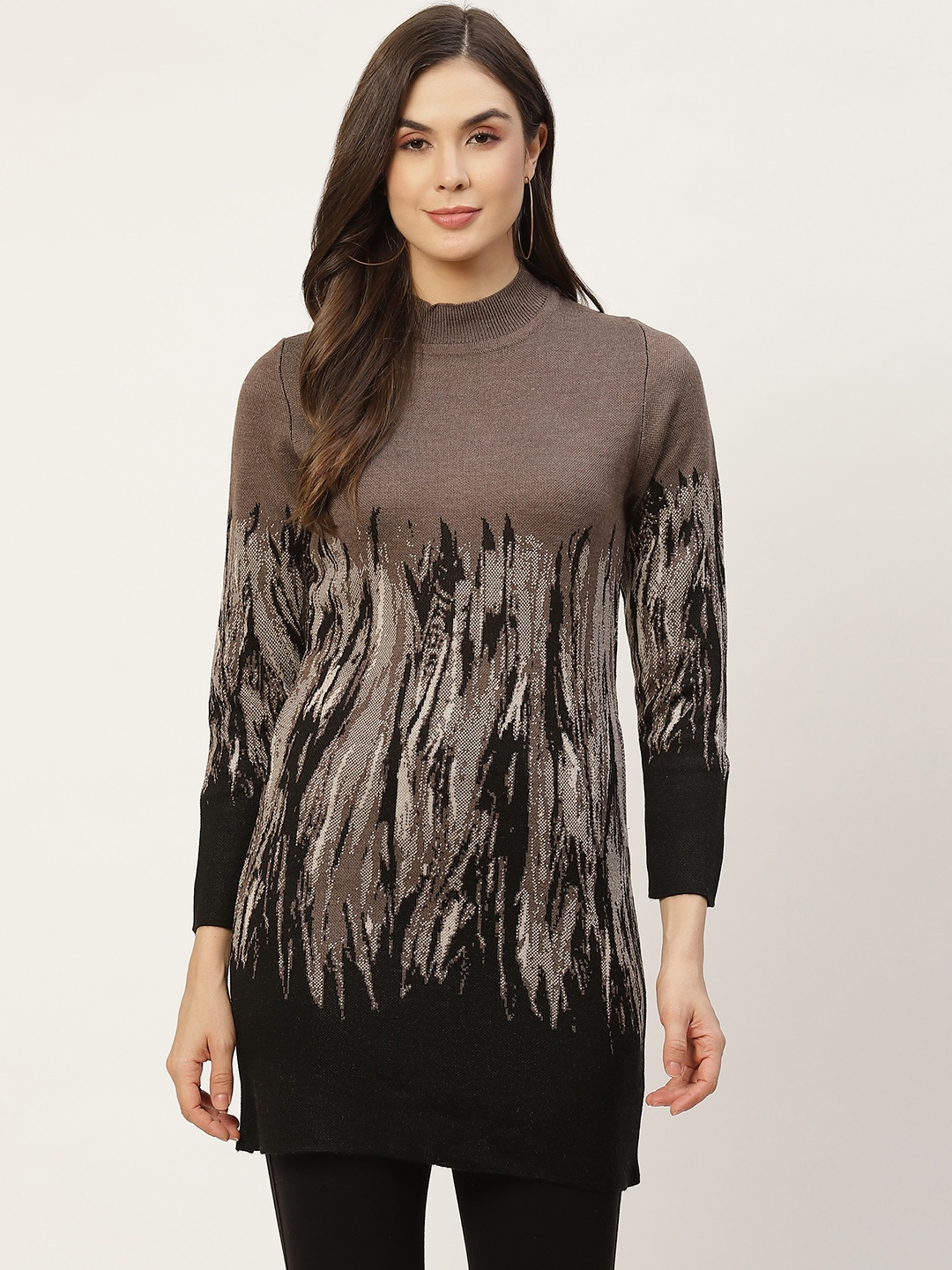 

APSLEY Women Black & Taupe Printed Longline Pullover