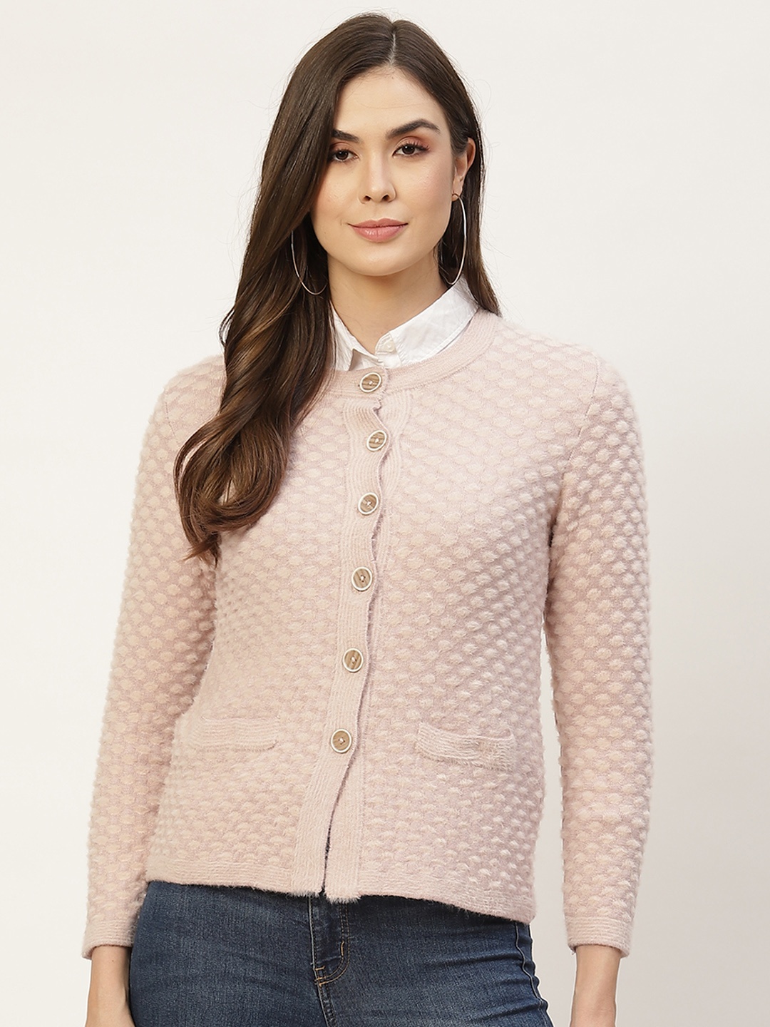 

APSLEY Women Pink Self Design Cardigan with Fuzzy Detail