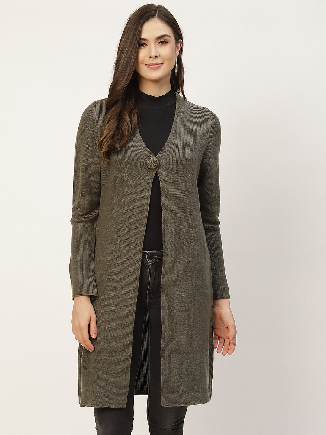 

APSLEY Women Olive Green Solid Front-Open Longline Sweater